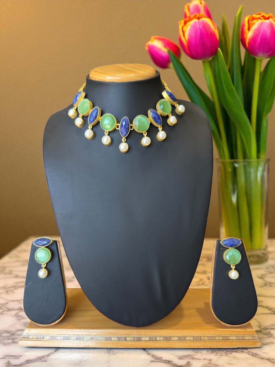 Vibrant Blue Lava and MOP Necklace Set