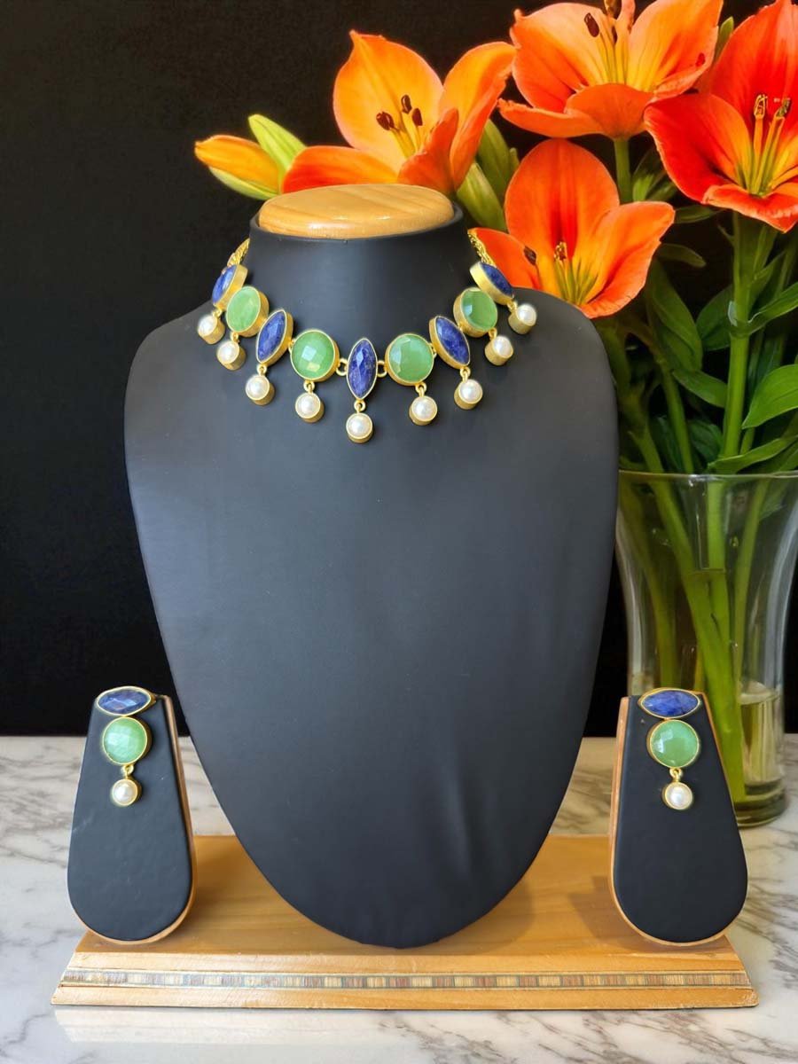 Vibrant Blue Lava and MOP Necklace Set