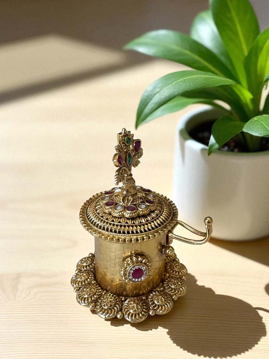 Intricate Carving Gold Plated Kumkum Box