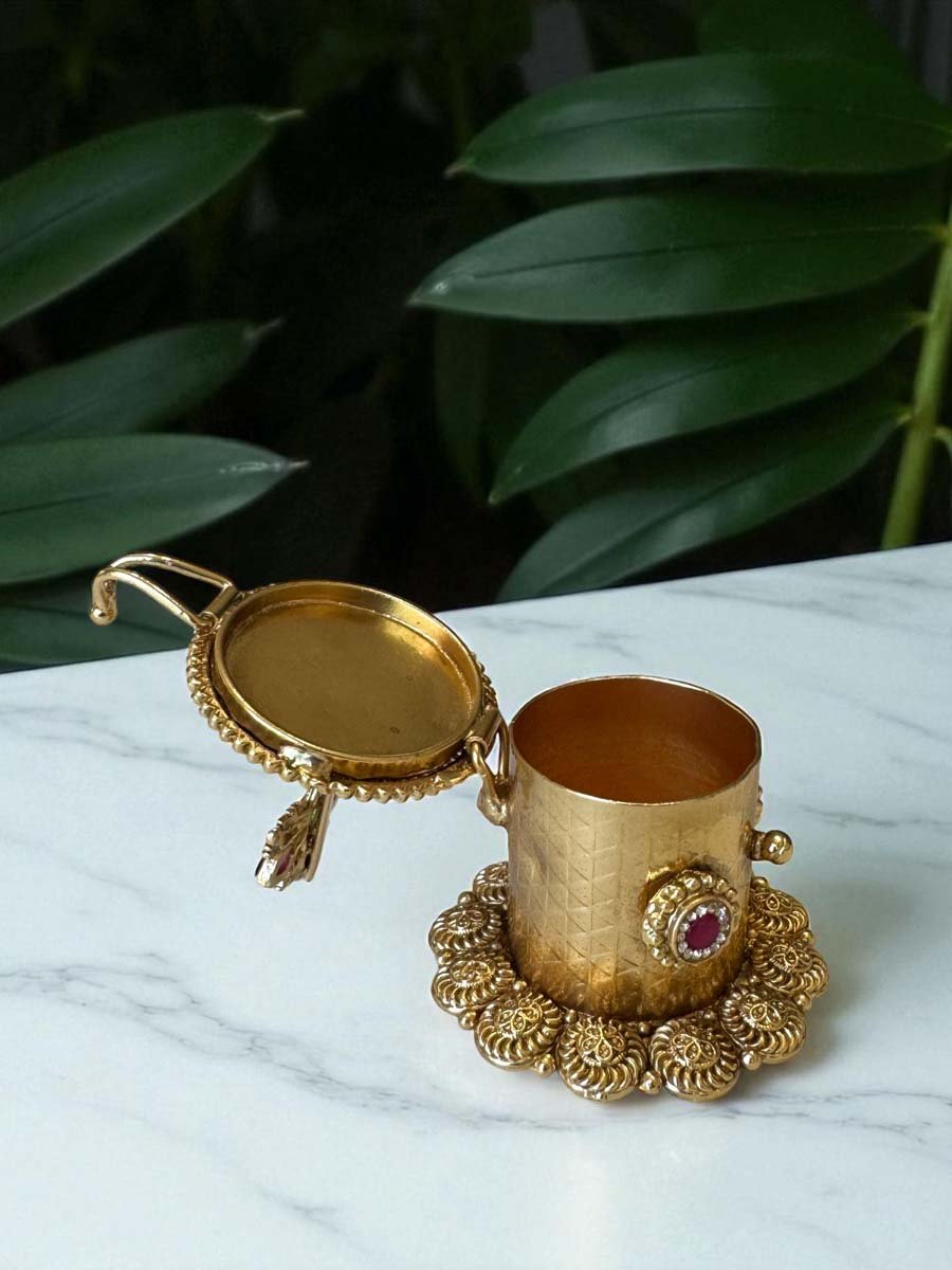 Intricate Carving Gold Plated Kumkum Box