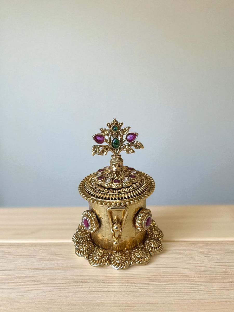 Intricate Carving Gold Plated Kumkum Box