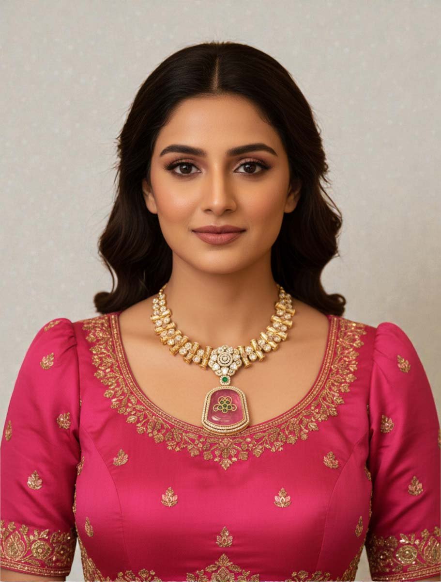 Premium Moissanite Bollywood Necklace Set (Pink)