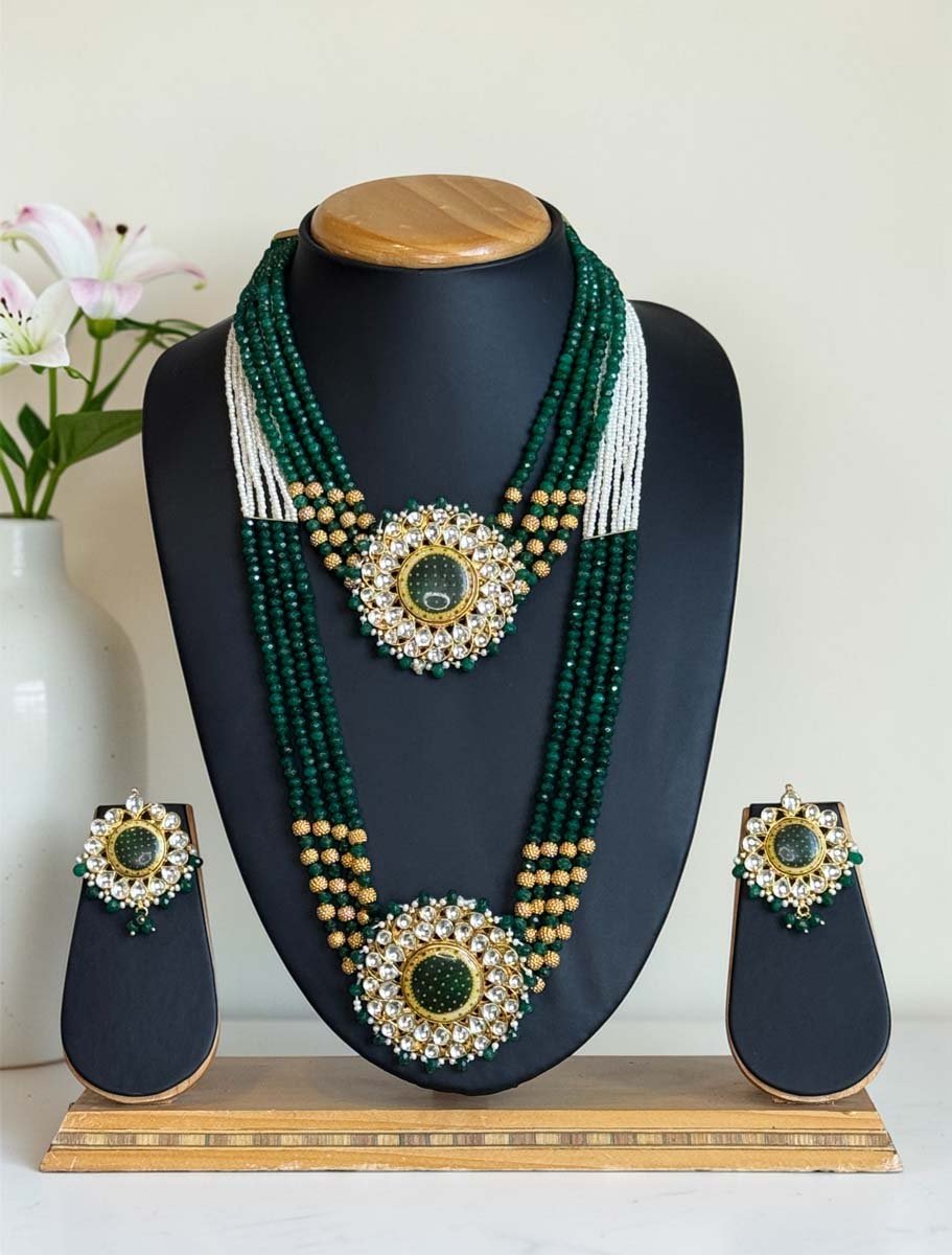 Emerald Pearl Layered Premium Kundan Necklace Set