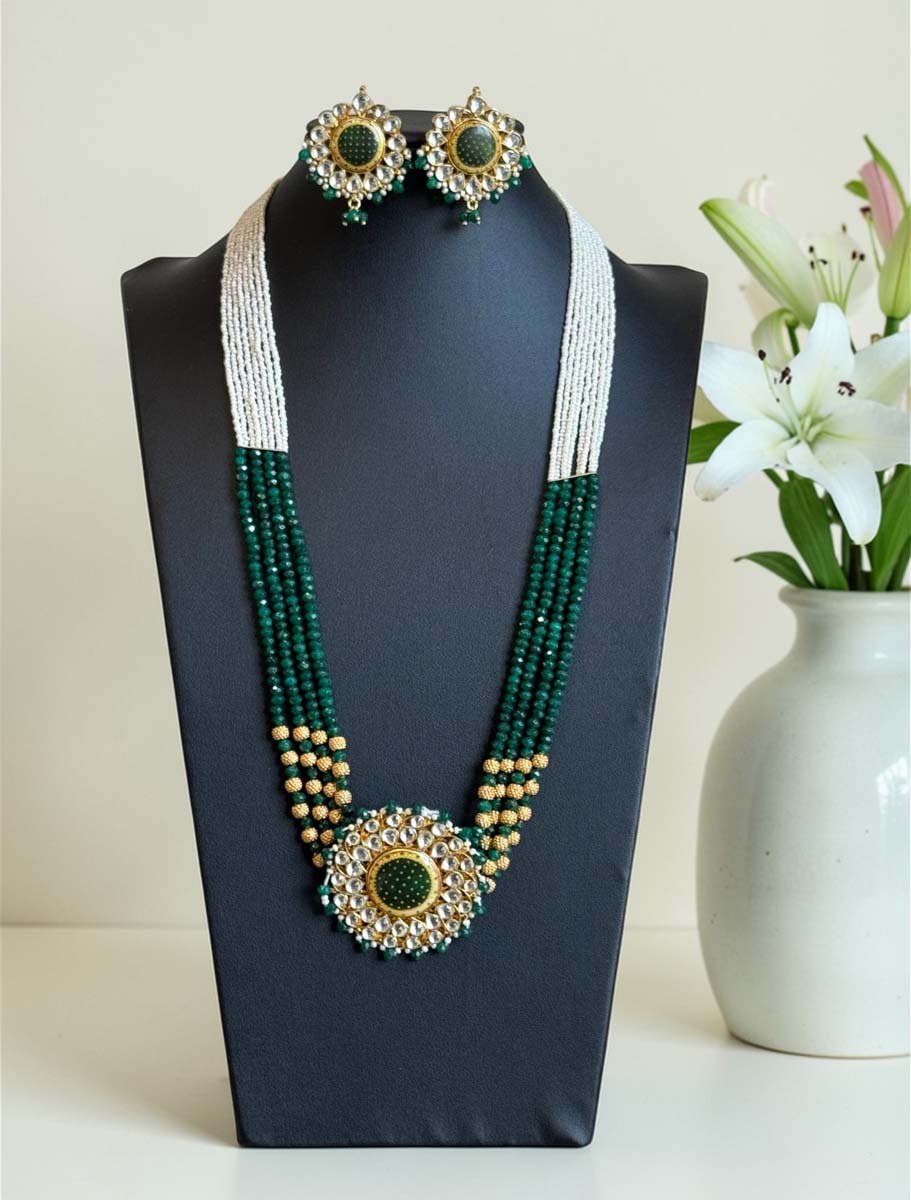 Emerald Pearl Layered Premium Kundan Necklace Set