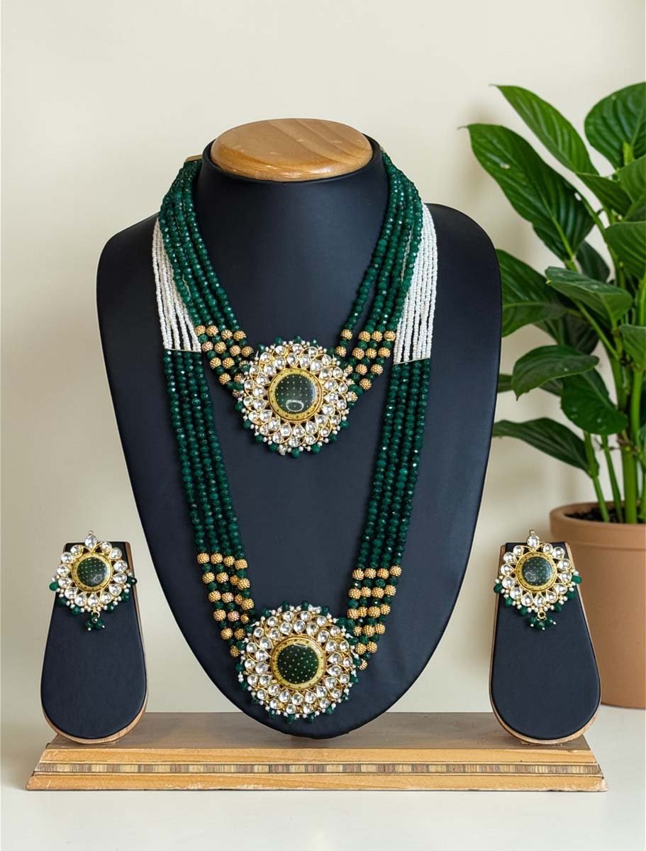 Emerald Pearl Layered Premium Kundan Necklace Set