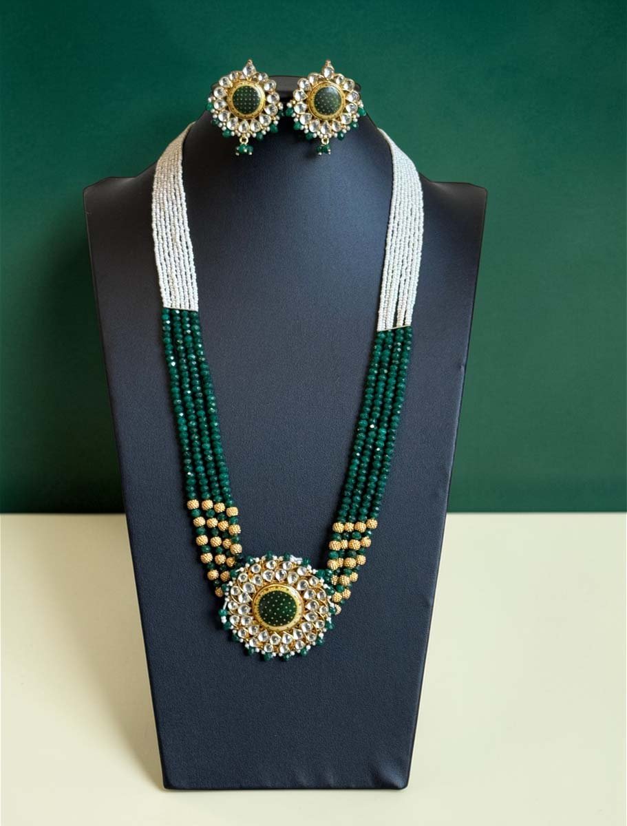 Emerald Pearl Layered Premium Kundan Necklace Set