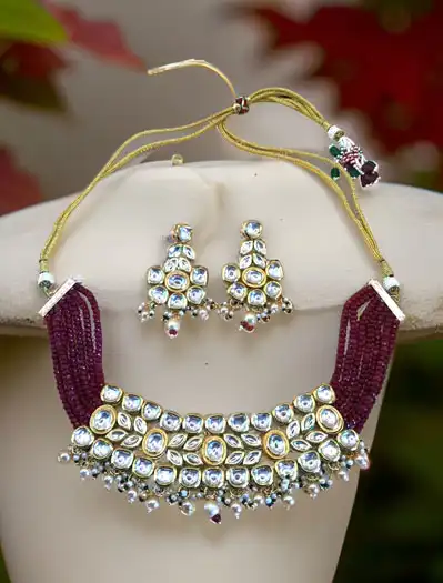 Premium Kundan choker set with Maroon pearls
