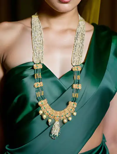 Emerald Green Designer Kundan Khakho Moti Mala w/ Earrings