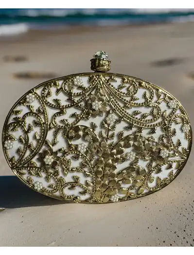 Gold Embellished Gazal Leaf Carved MOP Clutch