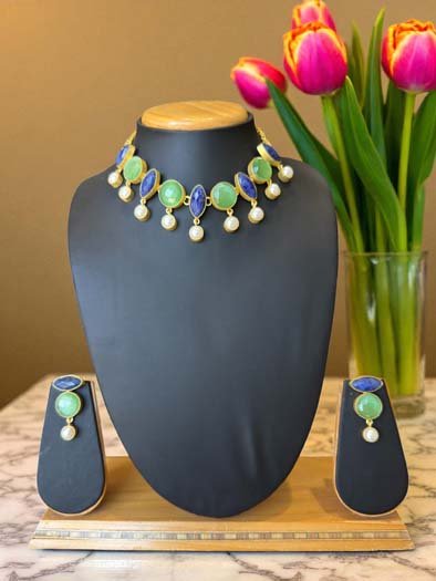 Vibrant Blue Lava and MOP Necklace Set