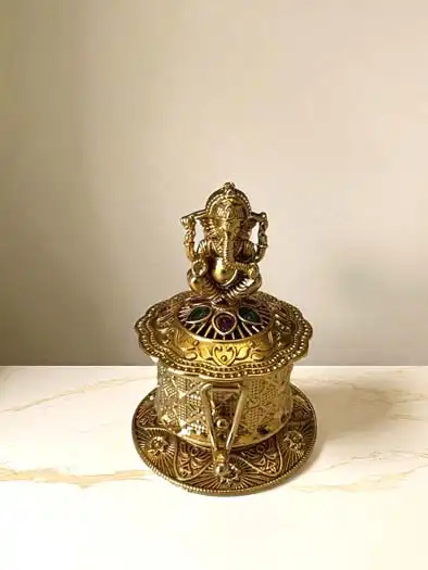 Gold Finish Kumkum Dabbi With Ganesh Ji Idol