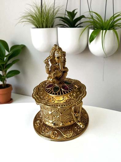 Gold Finish Kumkum Dabbi With Ganesh Ji Idol