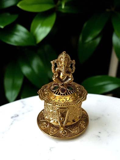 Gold Finish Kumkum Dabbi With Ganesh Ji Idol