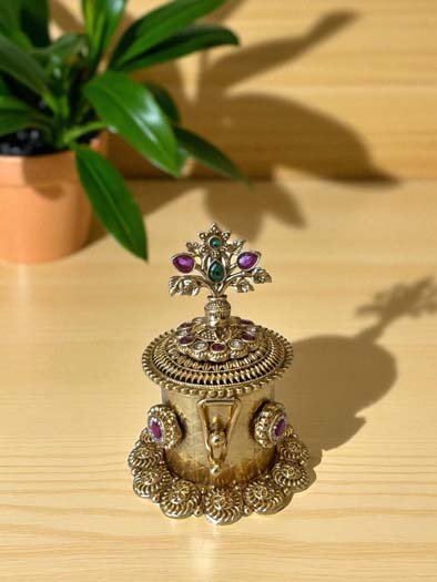 Intricate Carving Gold Plated Kumkum Box