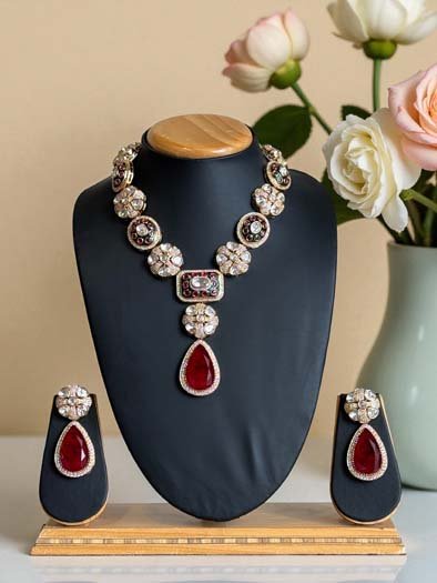 Premium Moissanite Meenakari Necklace Set