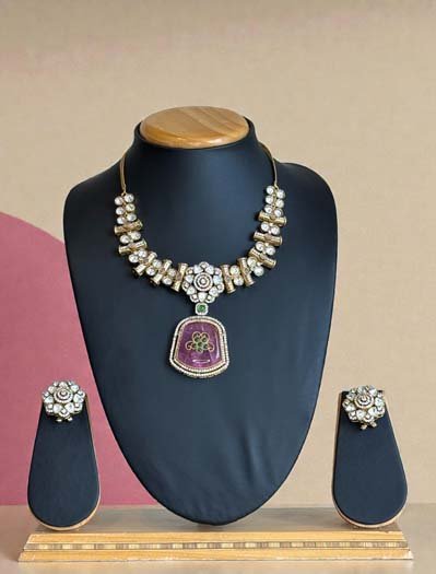 Premium Moissanite Bollywood Necklace Set (Pink)