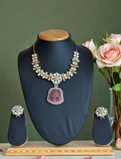 Premium Moissanite Bollywood Necklace Set (Pink)