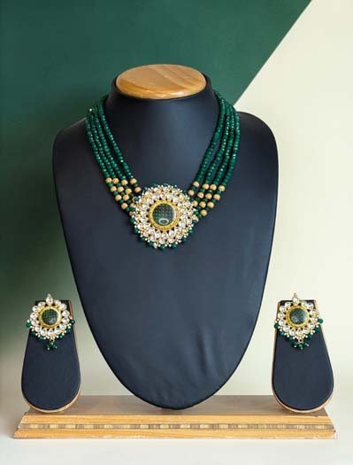 Emerald Pearl Layered Premium Kundan Necklace Set