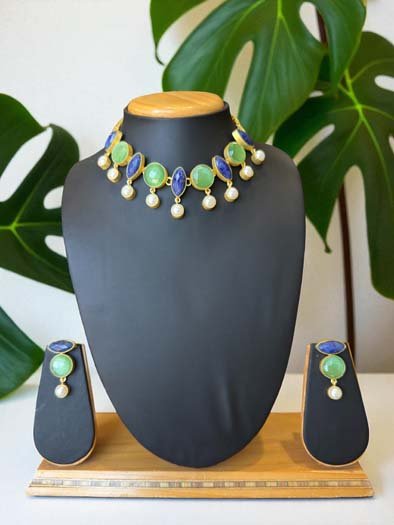 Vibrant Blue Lava and MOP Necklace Set